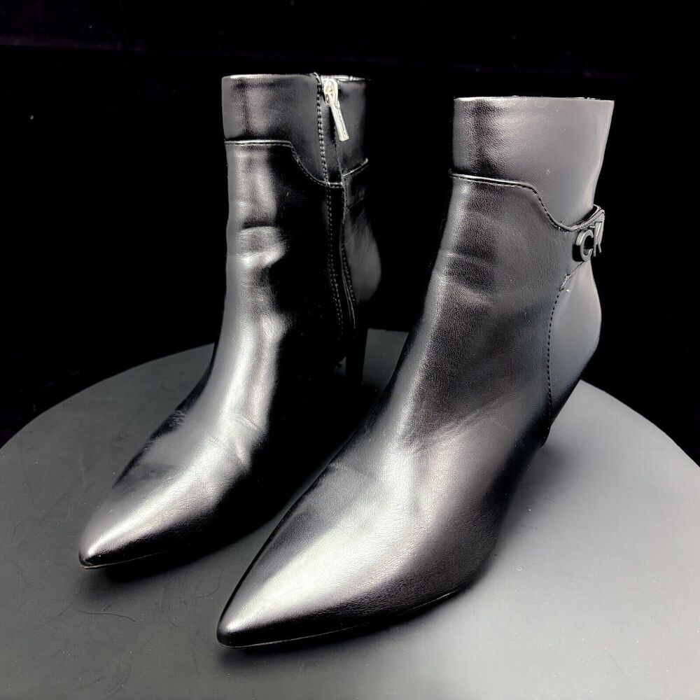 Calvin Klein Womens Sz 6.5 Boot 3" Heel Stilleto Black Zip Up Dress CK Logo Work